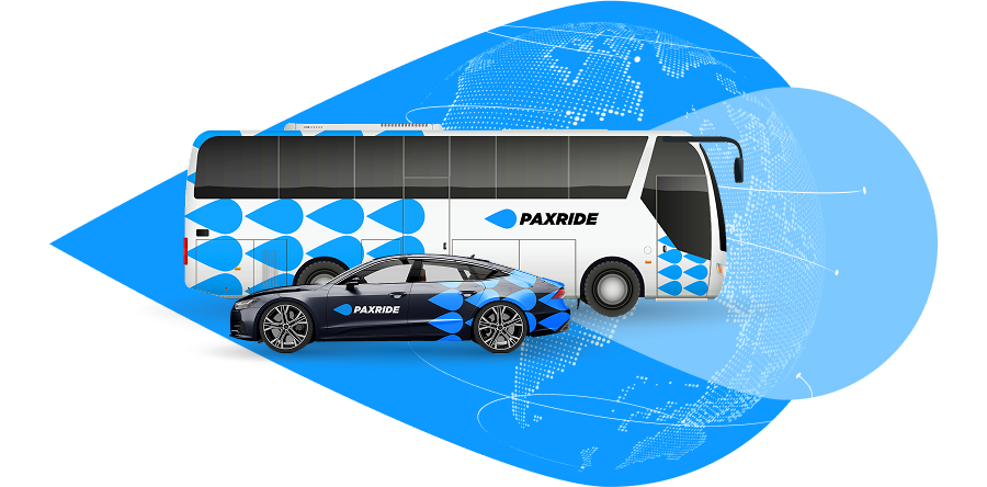 PaxRide ensures scalable airport transfers for business travel, featuring a car and bus with global connectivity graphics.